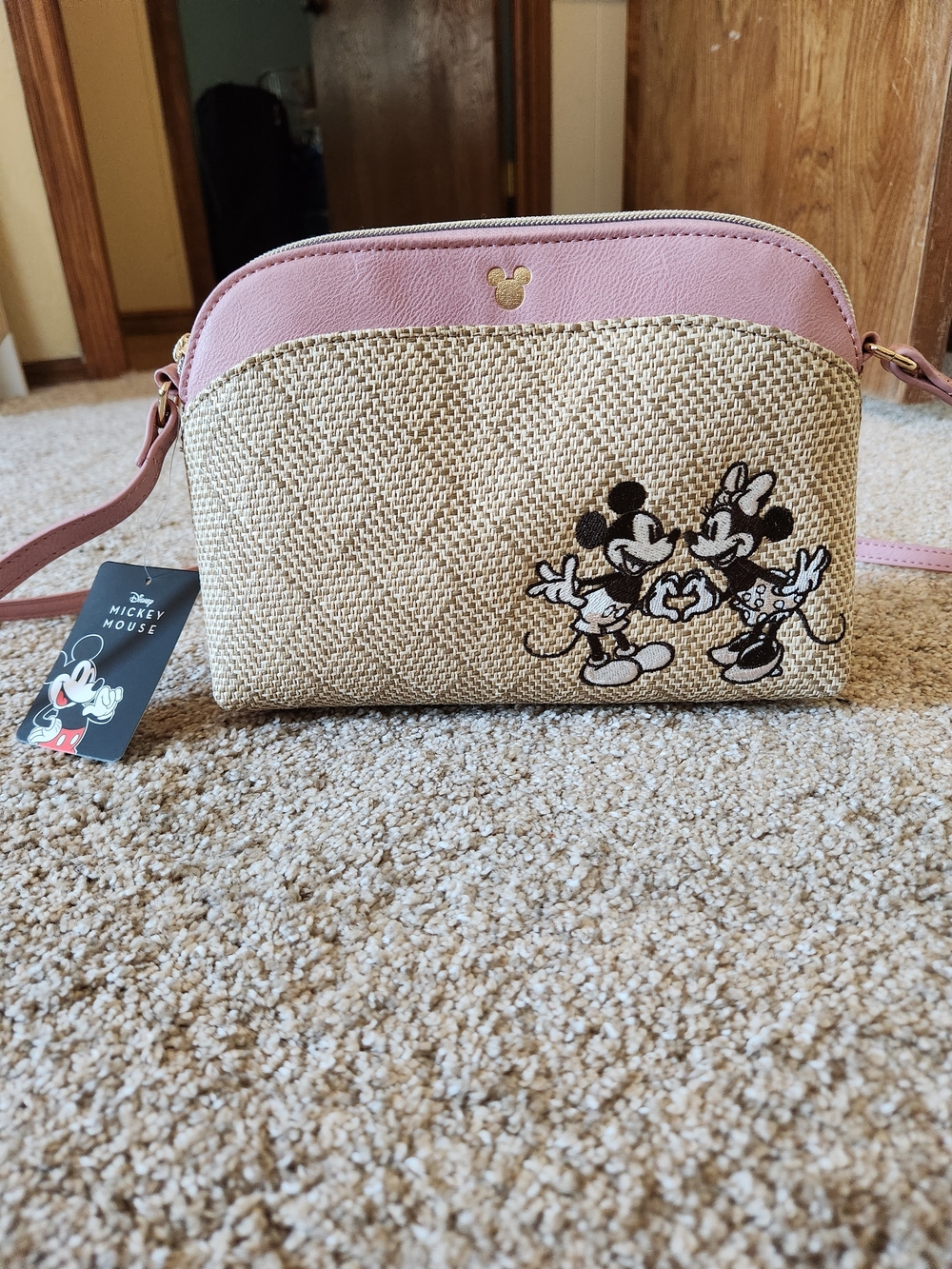 Disney Pink Trim Woven Mickey & Minnie Crossbody Bag New With Tags